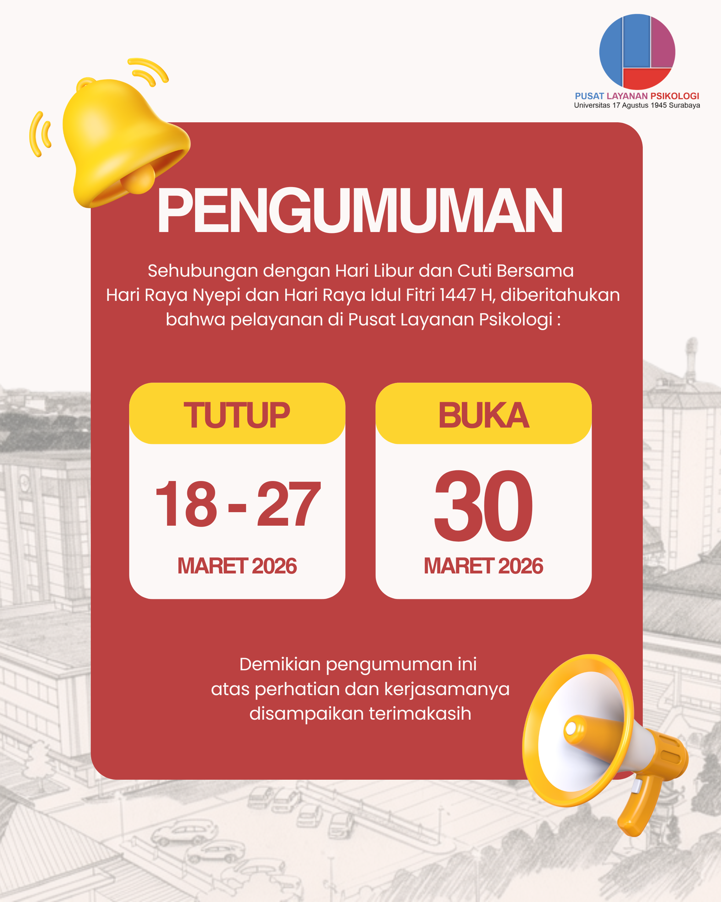 PENGUMUMAN LAYANAN OPERASIONAL PUSAT LAYANAN PSIKOLOGI (PLP) UNTAG SURABAYA